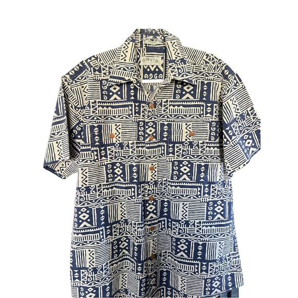 Orvis Mens Button Shirt Aztec Pattern Short Sleeve Pockets Sz L - Picture 2 of 6